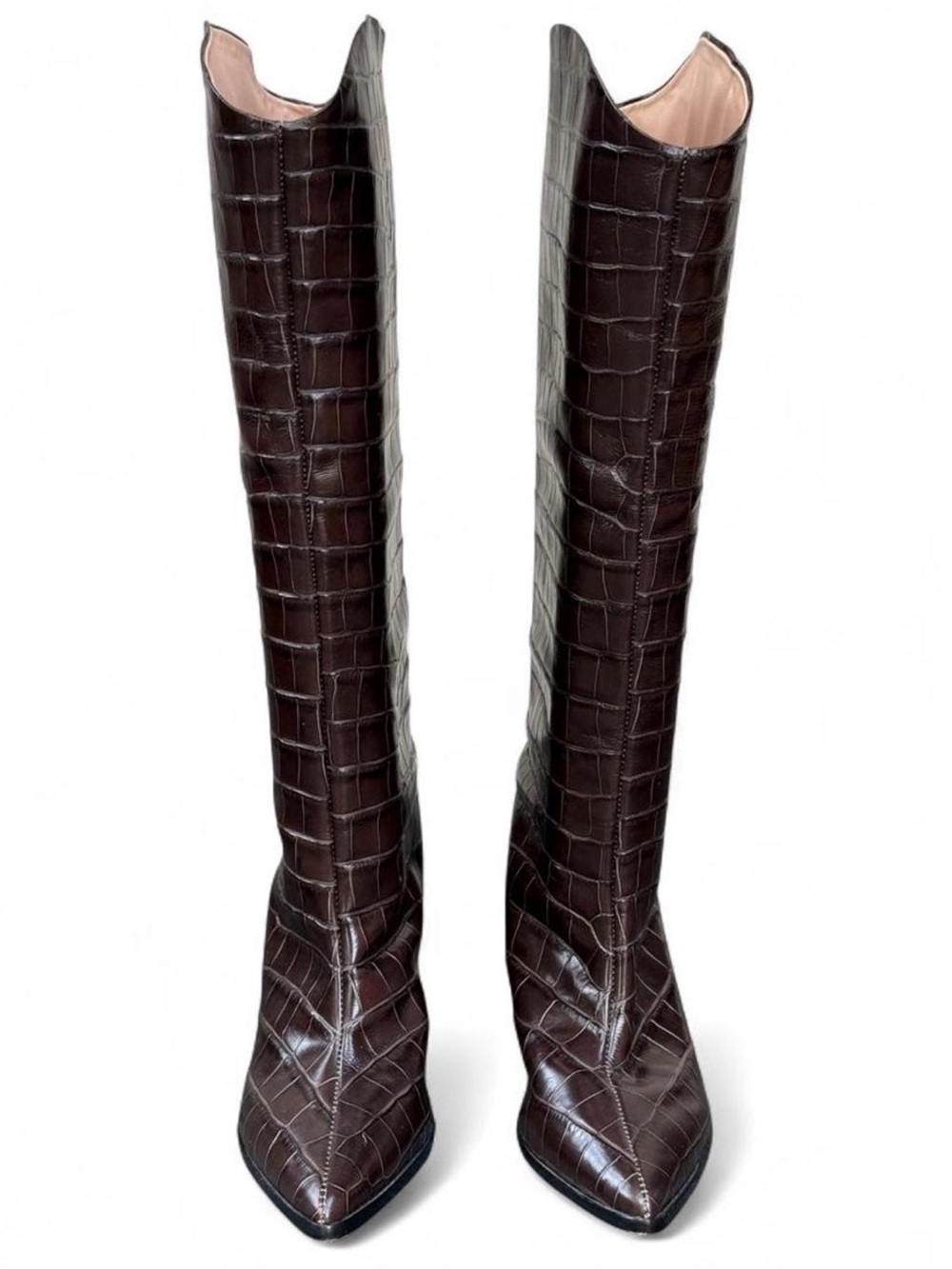 SCHUTZ Dark Brown Croc-Embossed Pointed Knee-High Boots - Picture 5 of 7